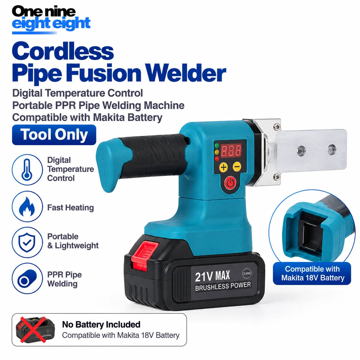 One Nine Eight Eight Cordless Pipe Fusion Welder Digital Temperature Control Portable PPR Pipe Welding Machine Compatible with M