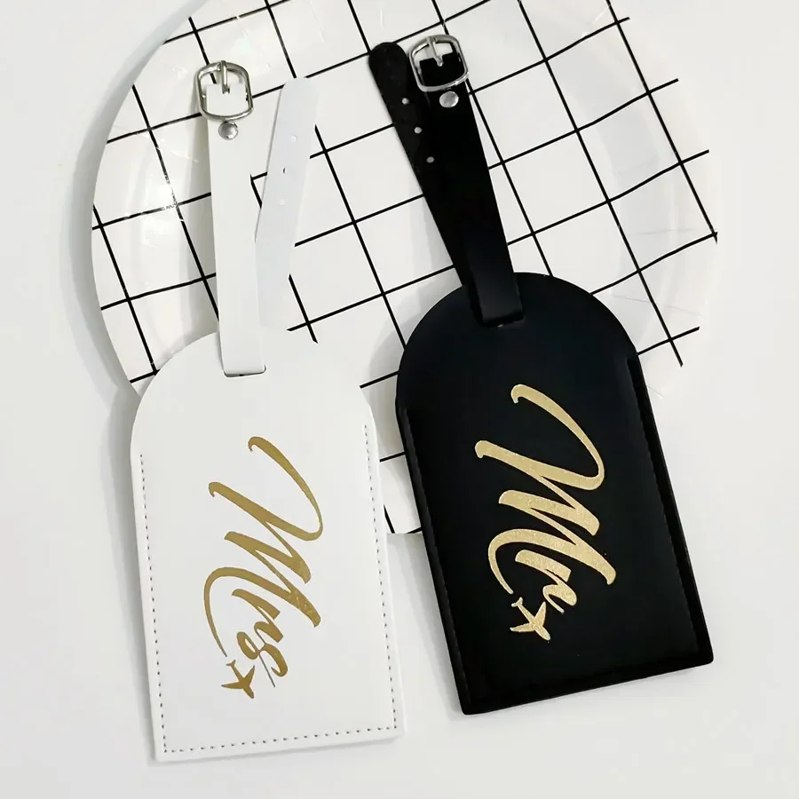 2 unids/set Mr Mrs parejas etiqueta de equipaje etiqueta de maleta colgante con tarjetas de identificación de nombre accesorios de viaje de cuero PU antipérdida para vuelo