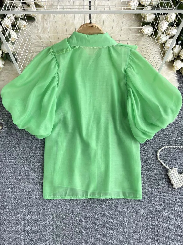 French style Women's short puff sleeve blouse 2024 Summer Ruffles Lace patchwork shirt Turn down collar tops Solid INKEO 4T088