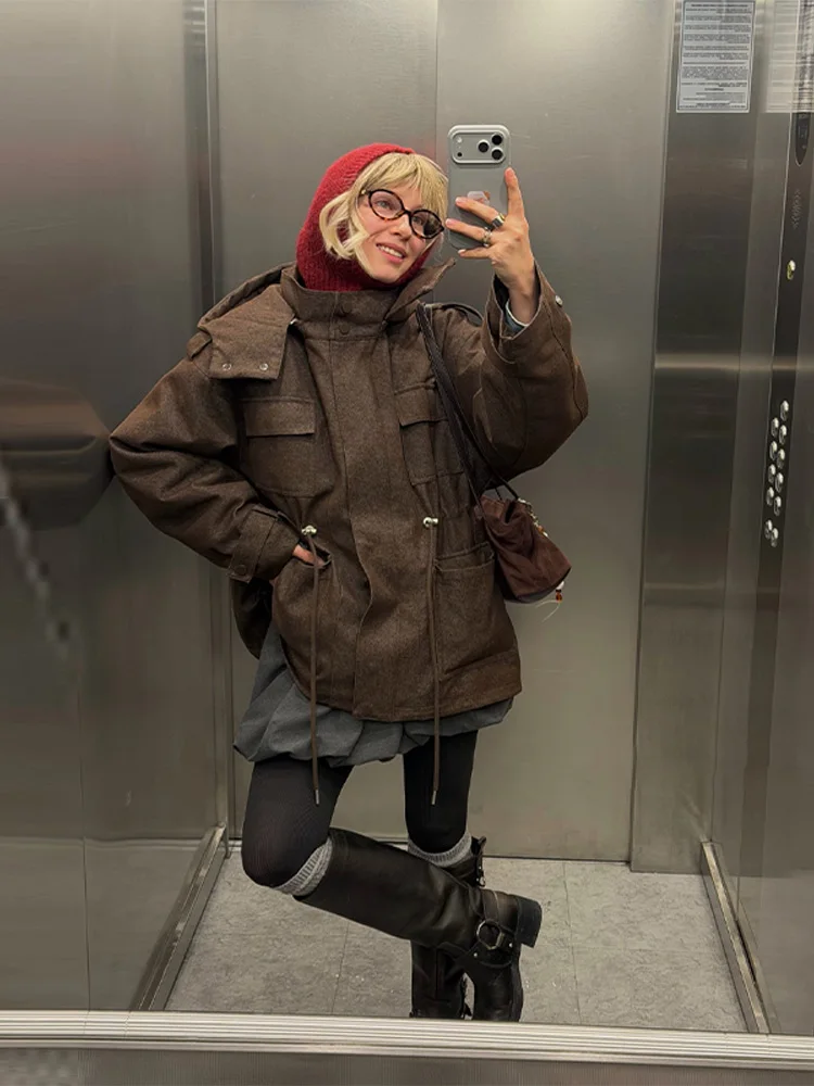 Kapuzenjacke mit Mehreren Taschen und Kordelzug für Damen, Streetwear-Stil mit Stehkragen, Epauletten, Langen Ärmeln, Locker Geschnittene Mäntel, Schicke Damen-Oberbekleidung – Detail 28