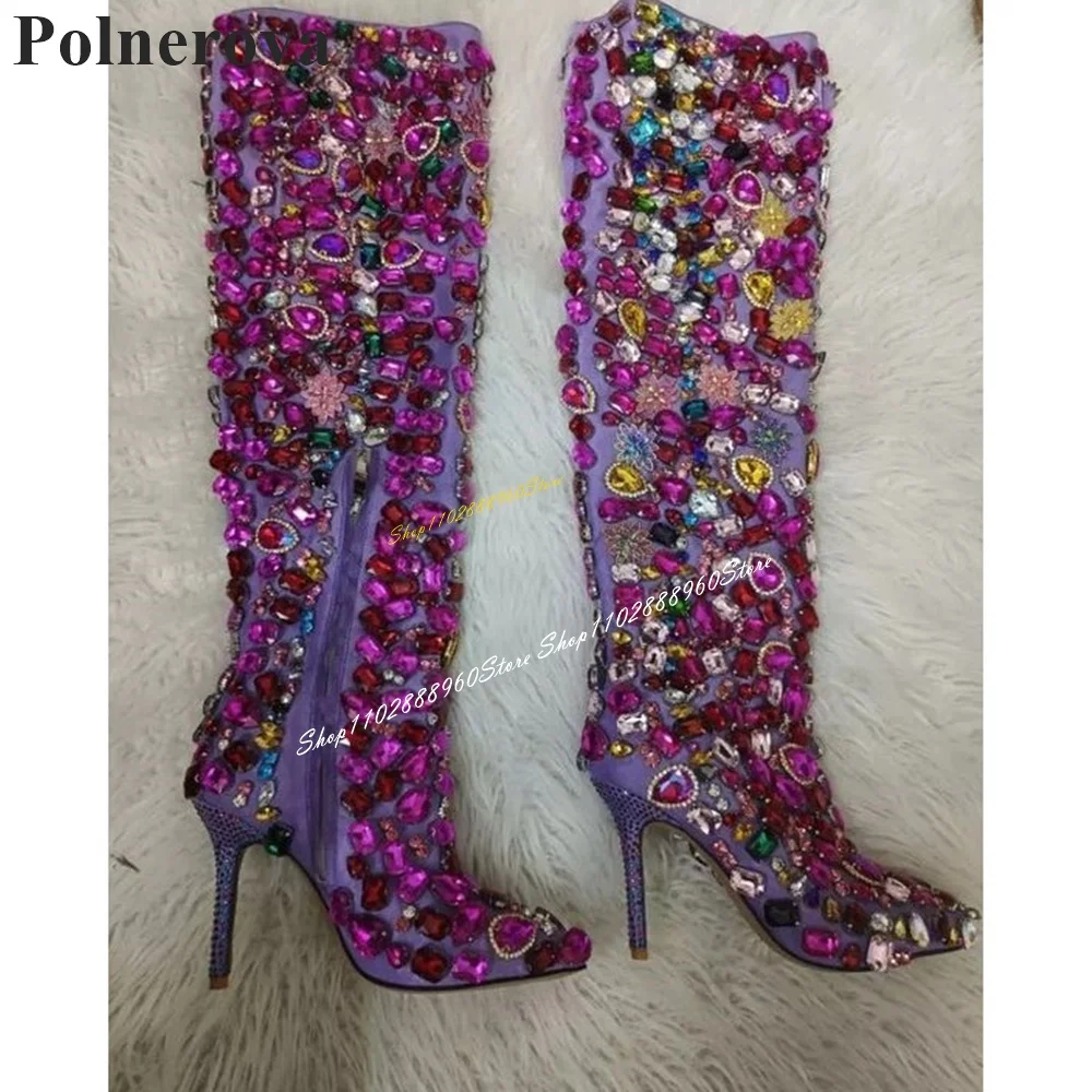 Luxury Mixed Color Crystal Decor Boots Knee High Thin High Heel Shoes For Women Side Zipper Pointed Toe 2024 Zapatos Para Mujere