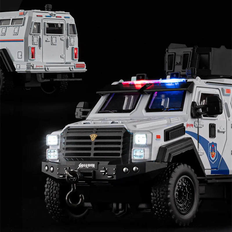 1:32 Armored Cars Alloy Riot Truck Diecast Metal Scale Car Model Police Sound＆Light Car Collection Childrens Toy Vehicle Gifts ﻿