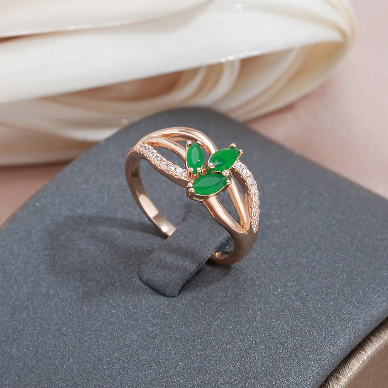 SYOUJYO Green Leaf Natural zircone anelli alla moda per le donne 585 Rose Gold Color Fine Jewelry Vintage Party diserbo anelli di lusso