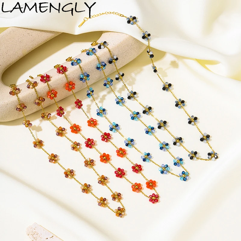 

LAMENGLY 316L Stainless Steel Chain Colored Glass Beads Splicing Flower Charm Necklace Women Bohemian Style Daisy Neck Chain