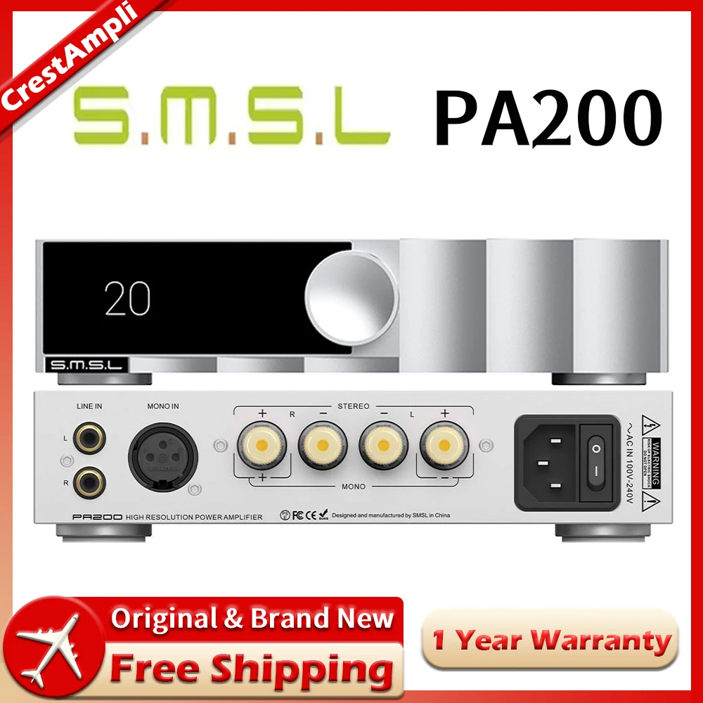 

SMSL PA200 Gallium Nitride Power Amplifier XLR Mono Input Mode Stereo Pure Amplifier Audio Grade Pass-Through Mode High-Power
