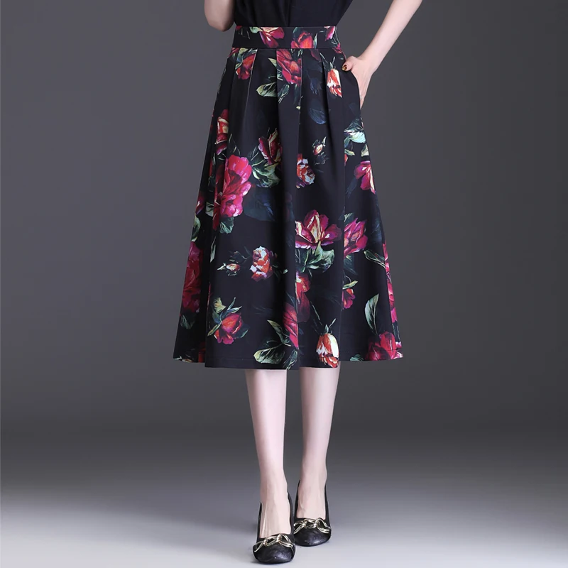 

Юбка-миди с принтом, высокая талия, трапециевидной формы, свободные плиссированные винтажные женские модные весенние новые поступления, юбки из смеси полиэстера