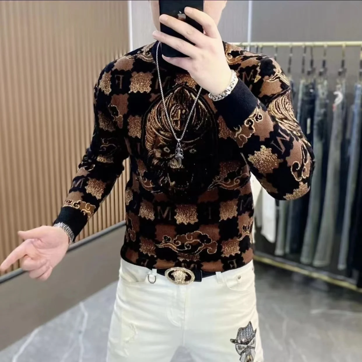 

Мужской вязаный свитер с длинным рукавом, осенне-зимний, модный, приталенный, с круглым вырезом, цвета мокко, базовый слой, эластичный, удобный, Yo...