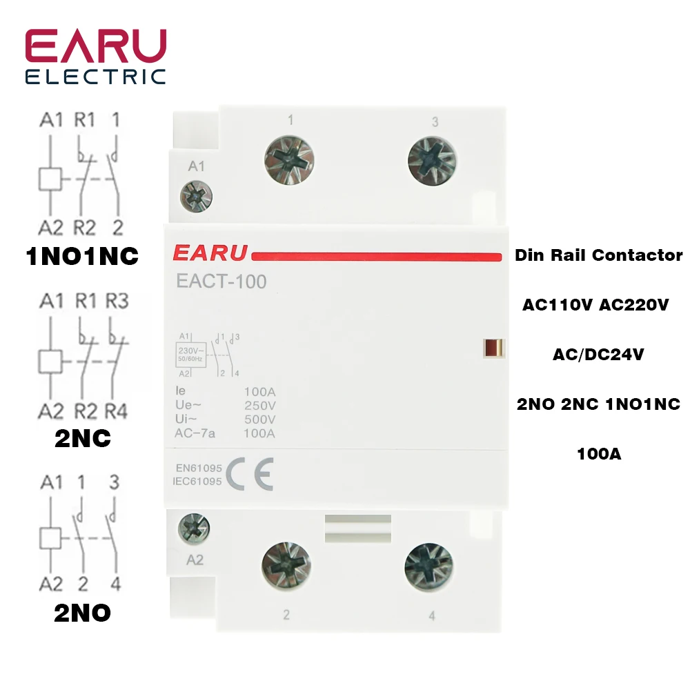 2P 100A AC 110V 220V 50/60Hz Din Rail Household AC Modular Contactor Switch Controller 2NO 2NC 1NO1NC DIY Smart Home House Hotel