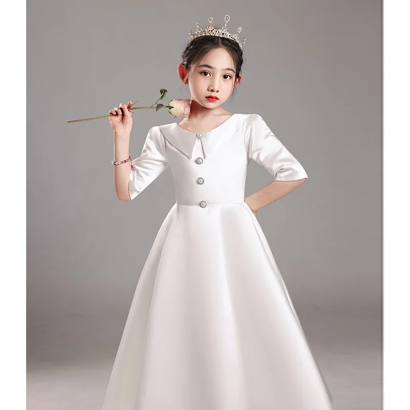 

Kids Pearls Satin Girl Pageant Dresses Half Sleeve Flower Girl Wedding Long Gown First Communion Dress Formal Evening Vestidos