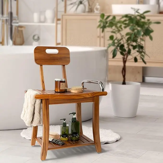 

Spot Teak Backrest Bathroom Stool Shower Chair with Towel Rack Waterproof Non-slip Wooden Bathroom Chair Double Shelf