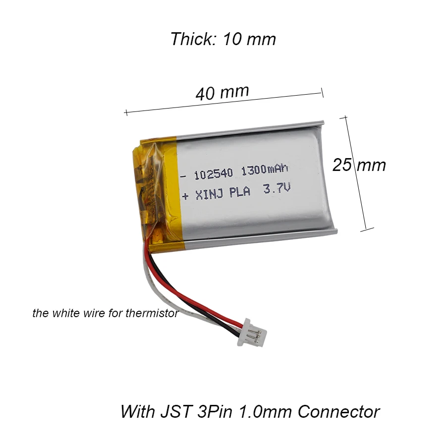 3.7V 1300mAh 102540 Lipo Polymer Battery 3-Wire JST 1.0mm Plug With Thermistor For Dash Cam GPS Driving Recorder