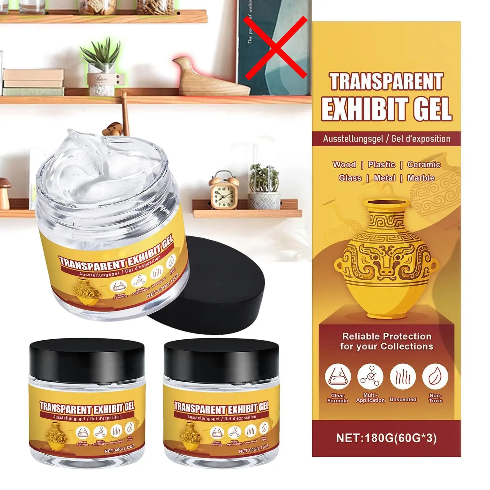 

Museum Gel Putty, Removable Clear Wax for Securing Collectibles, Holds Antiques Ceramic Glass Metal Decor in Place