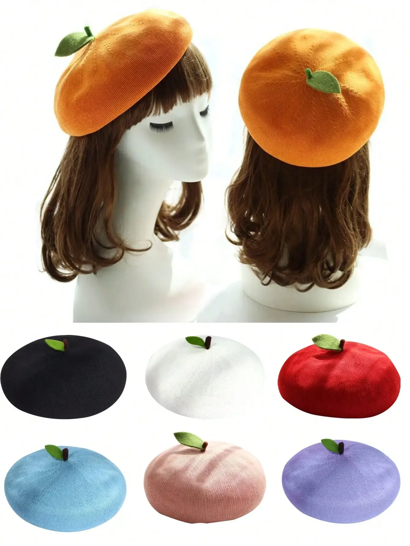 Spring Summer Hollow Out Bright Color Cute Leaf Beret for Women Girl Handmade Fashion Fruit Orange Breathable Party Gift