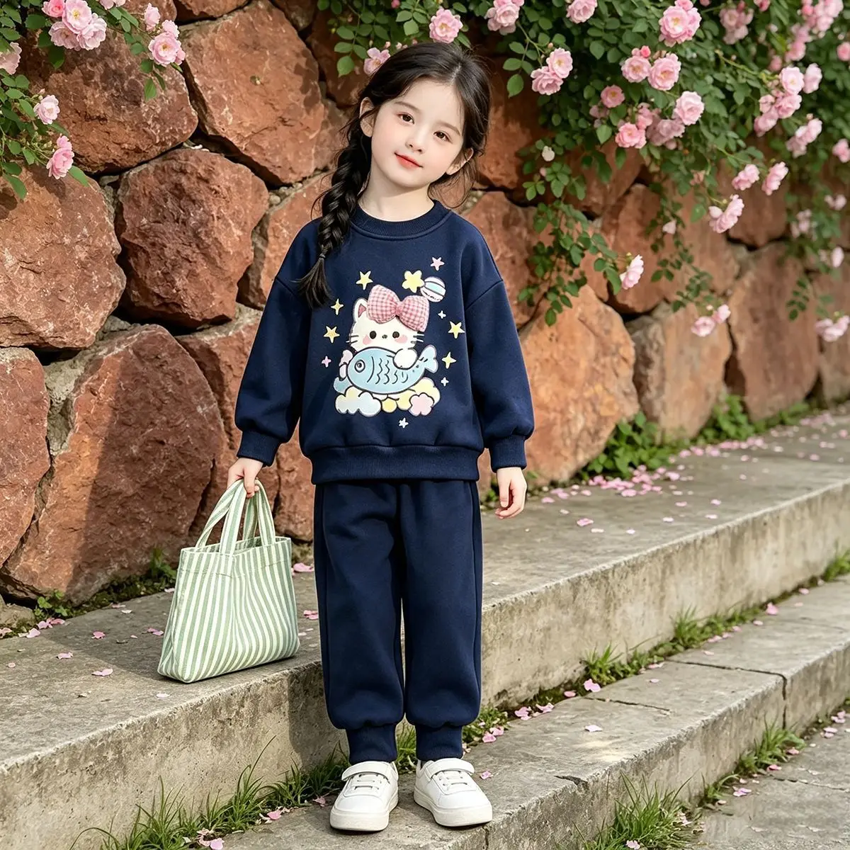 Mädchen-Cartoon-Katzen-Sweatshirt & Weitbein-Hosen-Set – Süßes koreanisches 2-teiliges Outfit für Kinder, lässige lockere Frühlings- und Herbstkleidung – Detail 5