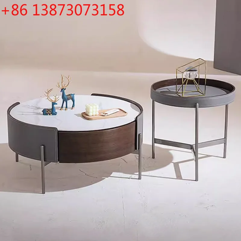 Italian minimalist rock slab coffee table saddle leather round high-end creative metal modern simple edge table