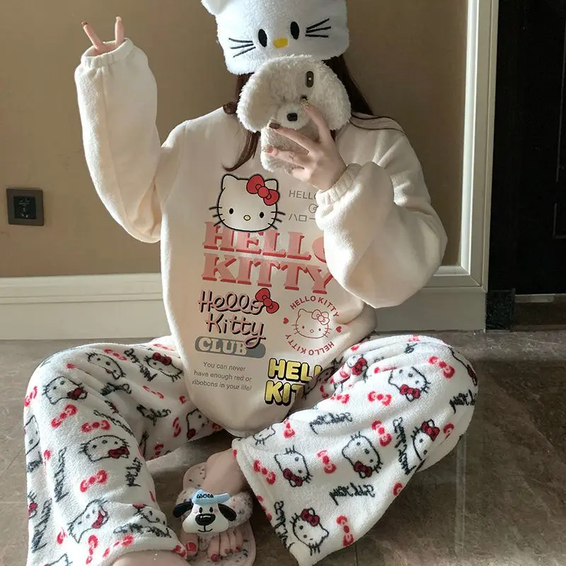 Pigiama moda autunno e inverno per donna Velluto di riso Simpatico cartone animato Hellokitty Casual Allentato Comodo più caldo addensato