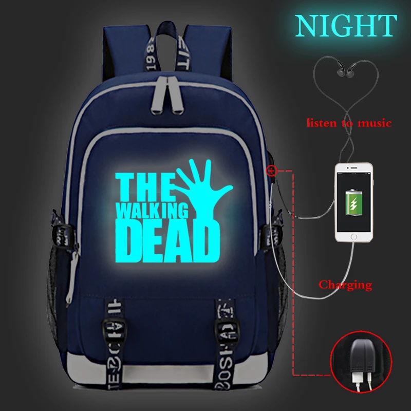 The Walking Dead Backpack for Teenager Fashion Luminous USB Port Backpack Student Boys Girls School Bag Men Laptop Back Pack