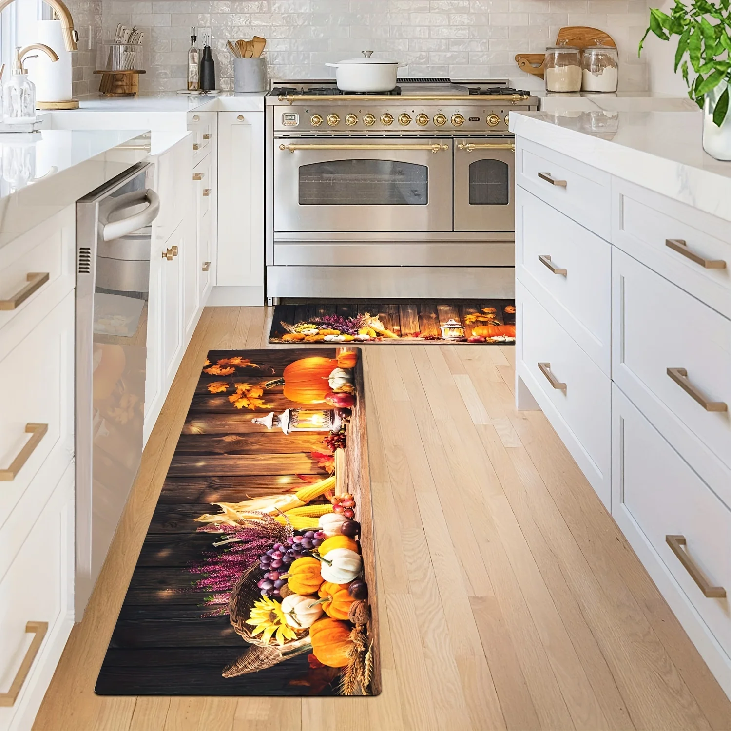 Autumn Pumpkin Print Wood Grain Floormat Thanksgiving Pumpkin Maple Leaf Harvest Fall Kitchen Rug Laundry Room Home Carpet Decor