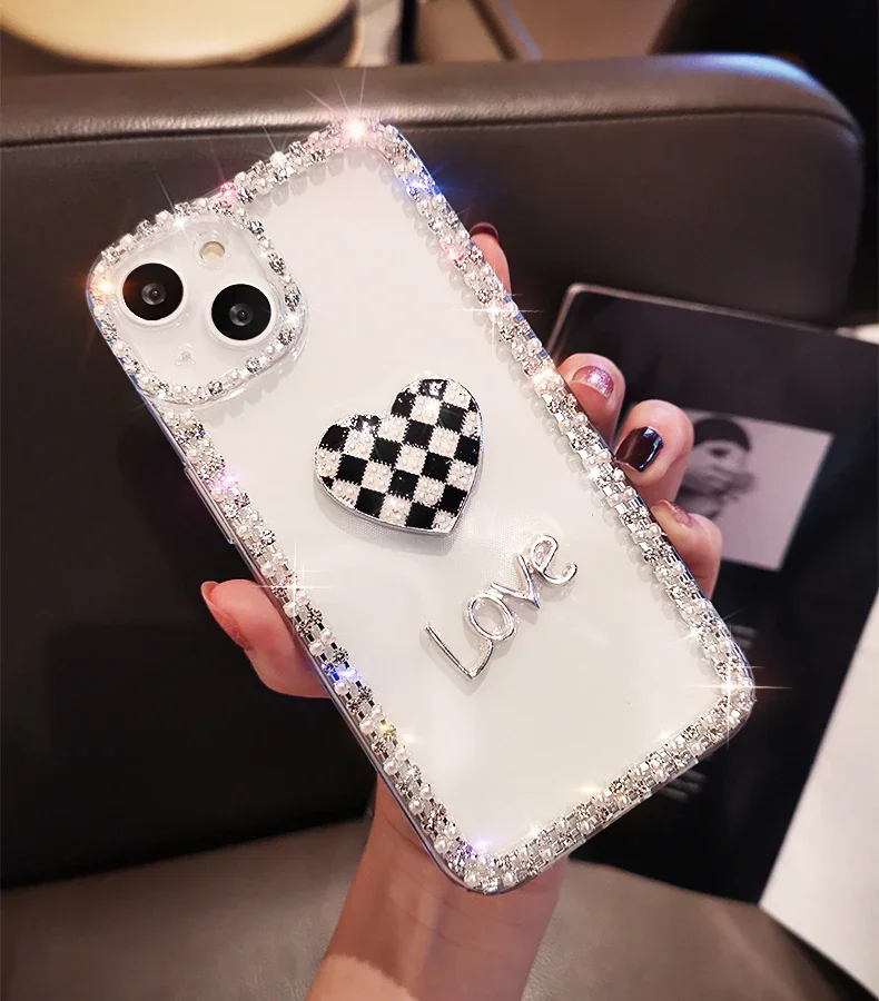 Diamond Chain Case Cover for iPhone, Bling, Cute Bow, Love Heart, Crystal Diamond, for iPhone 16 14, 13, 12, 15 Pro Max, Fashion