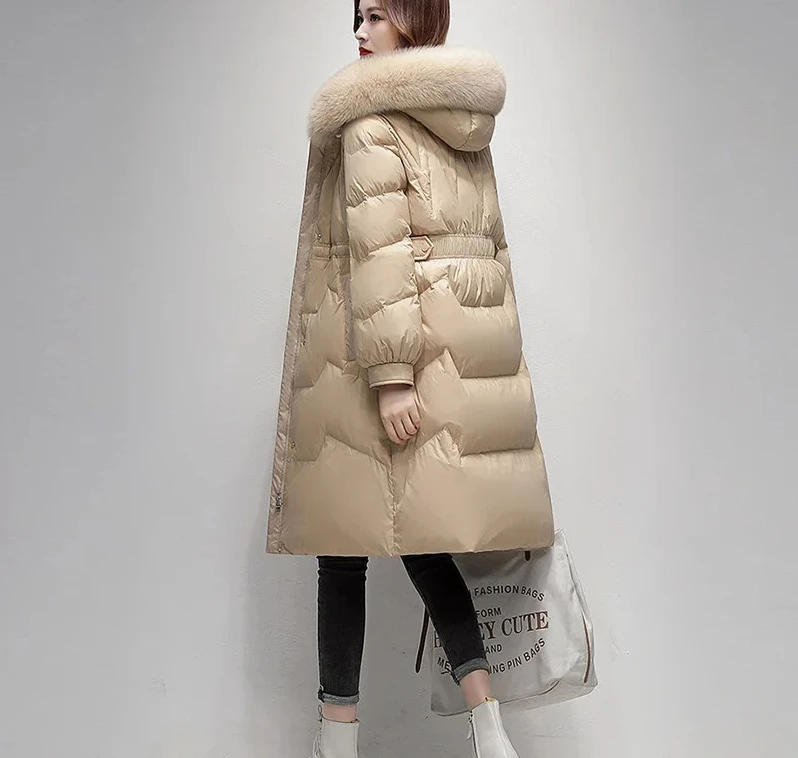 صديقة للبيئة المرأة منتصف طول أسفل سترة طوق الإفراط في الركبة الأبيض بطة ريشة ملابس خارجية نمط تخفيف أنيق #1