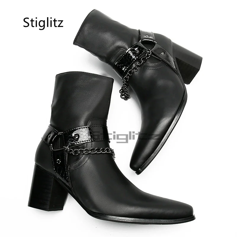Black Genuine Leather Chains Chelsea Boots Men's High Heels Ankle Boots Circle Buckle Side Zip Handmade Office Dress Shoes