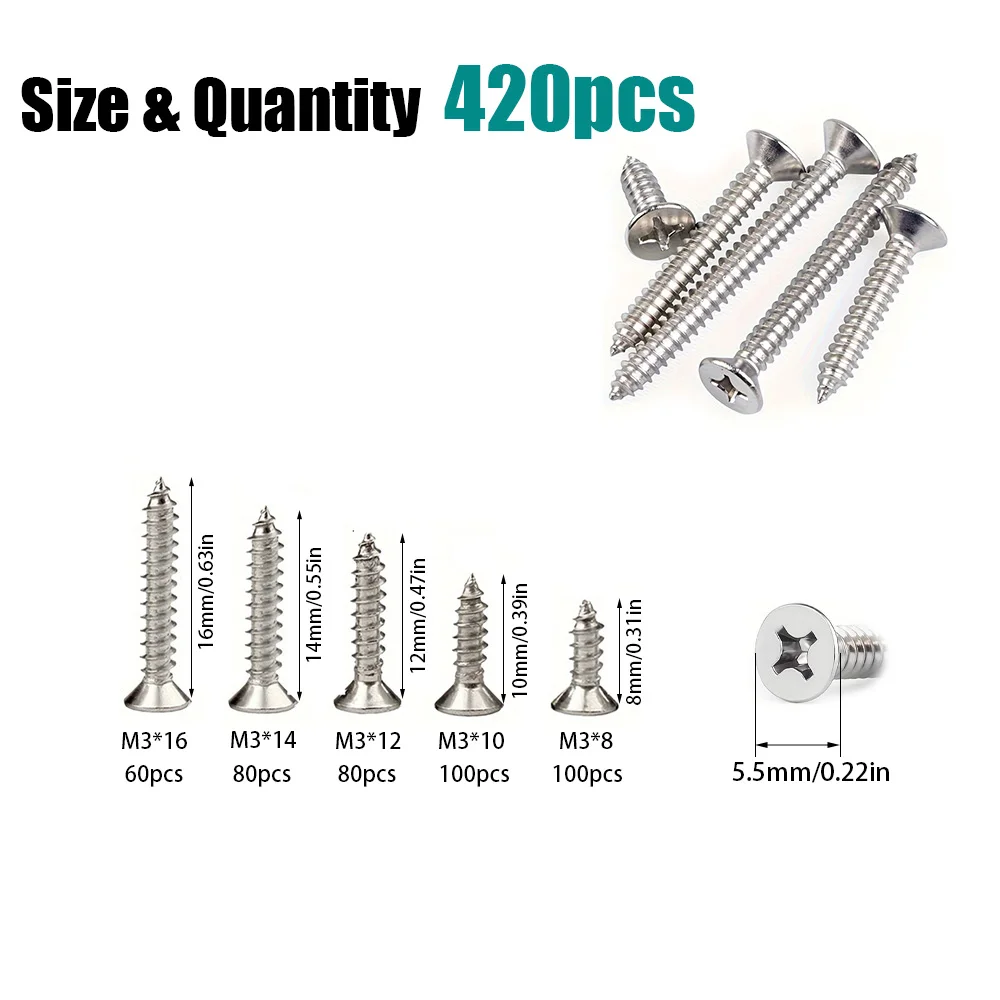 420-Piece High-Strength Self-Tapping Screws Set, M3 (8mm 10mm 12mm 14mm 16mm). Ideal for Home Repair and Wood Board Fastening.