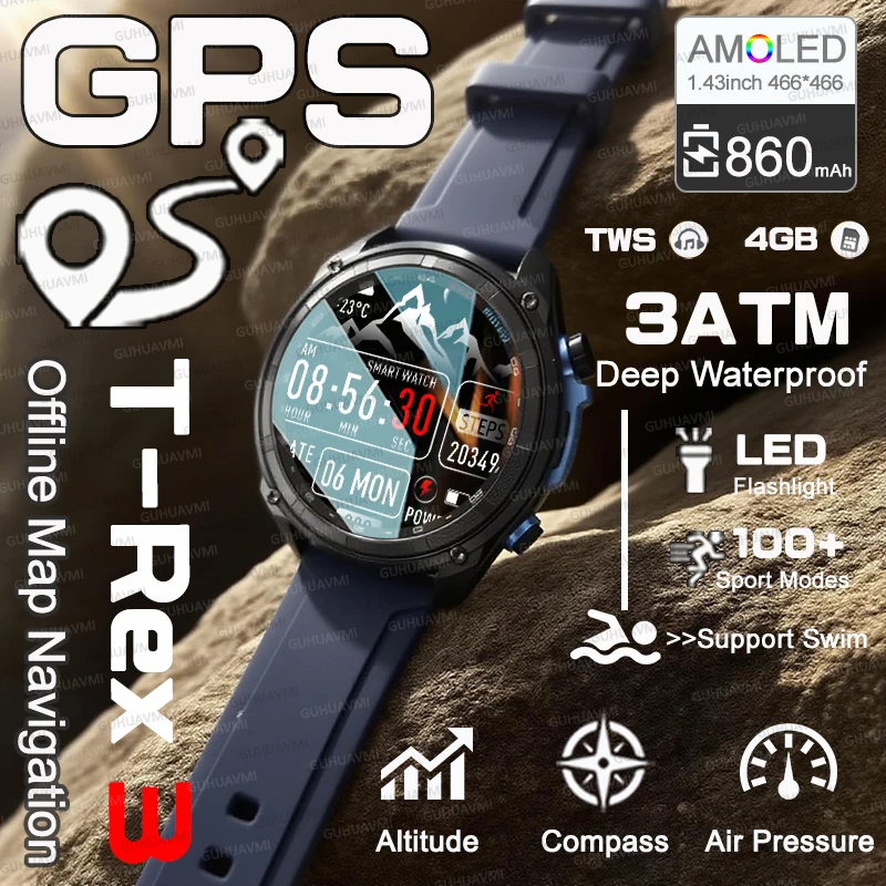 2025 Outdoors GPS Watch New 1000mAh Battery T-Rex 3 Military Smart Watch Men 4GB RAM Video Call 3ATM Waterproof 100+Sports Watch
