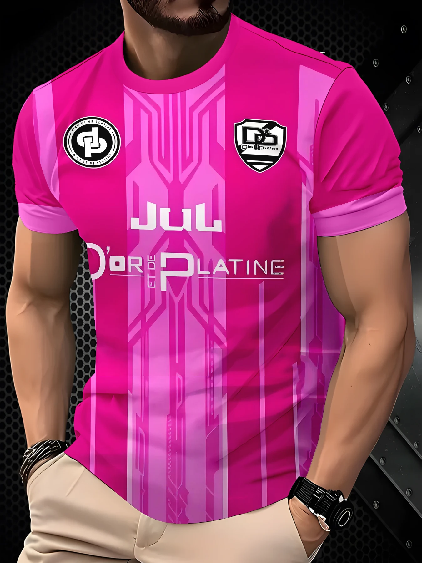 Men Two-Tone Pink Vertical Stripe Tech Circuit Line Badge Letter Graphic Short Sleeve T-Shirt