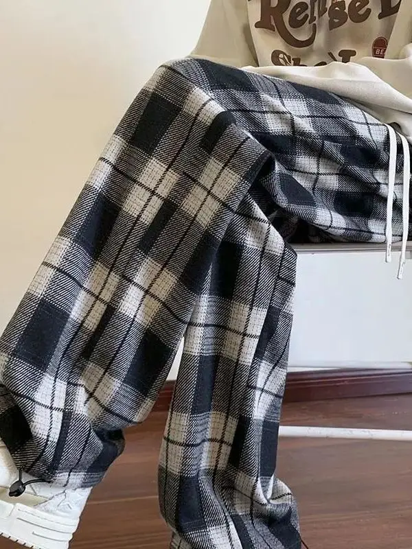 

plus Size Casual Plaid Wide Leg Pants Women Loose High Waist Straight Leg Summer Trousers Comfortable Loose Fit plus Size