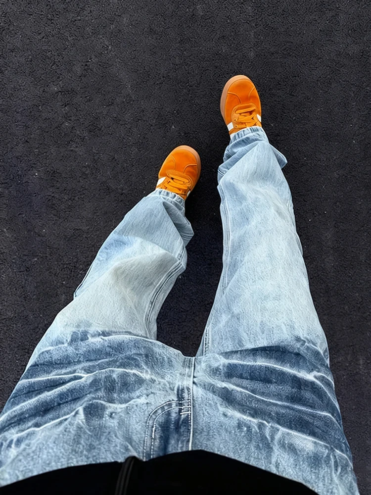 Cleanfit Light Blue Lightning Pattern Men's Jeans American High Street Vibe Washed Loose Straight Leg Denim Pants