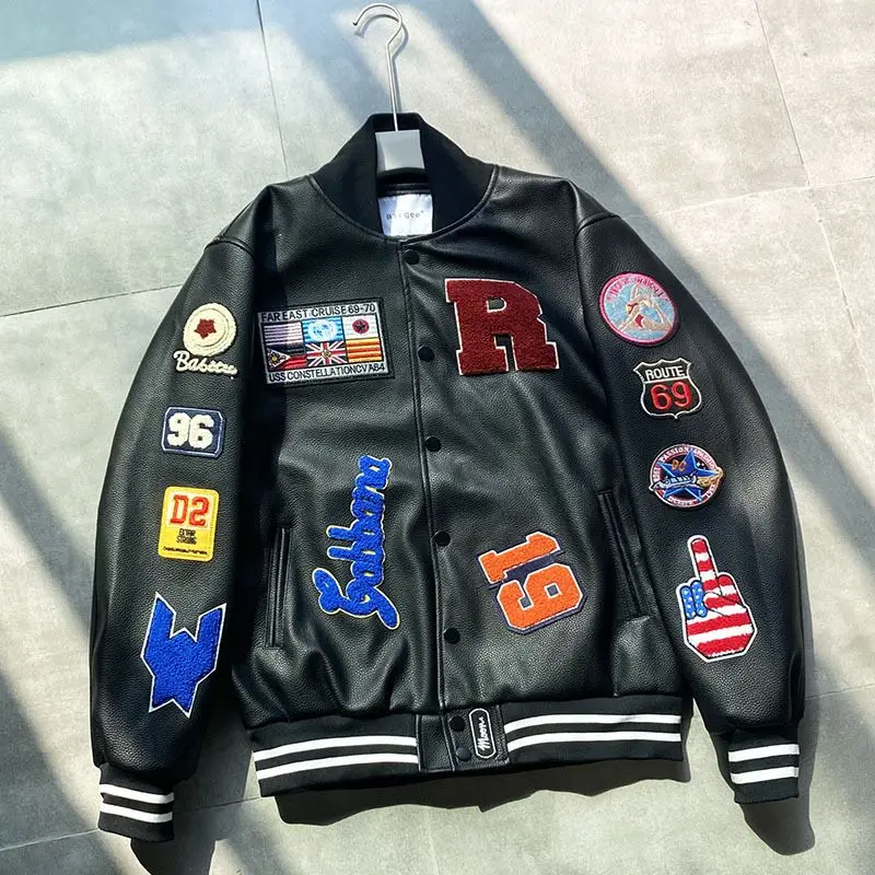 

American High Street Heavyweight Embroidered Leather Jackets Mens Baseball Jacket Retro Motorcycle Men Clothing Y2k Coats