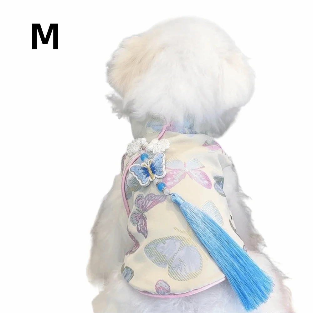 

Милое традиционное платье для собаки с принтом бабочки и узлом с кисточкой, анти-потерянный китайский Cheongsam, утолщенный мягкий жилет для домашних животных, котенок