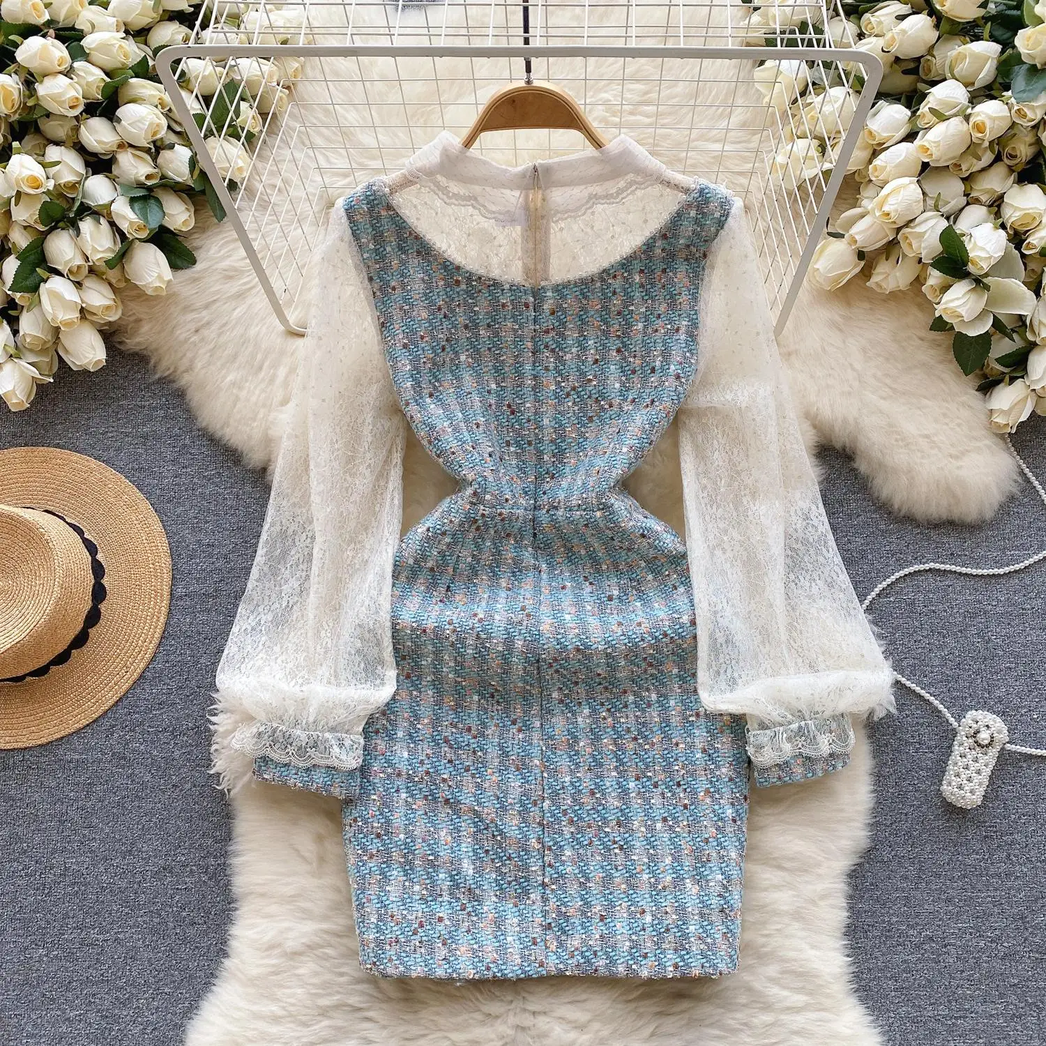 Autumn Lace Patchwork Beaded Elegant Tweed Dress For Women Lapel Long Sleeve High Waist Woolen Dress Female Clothing