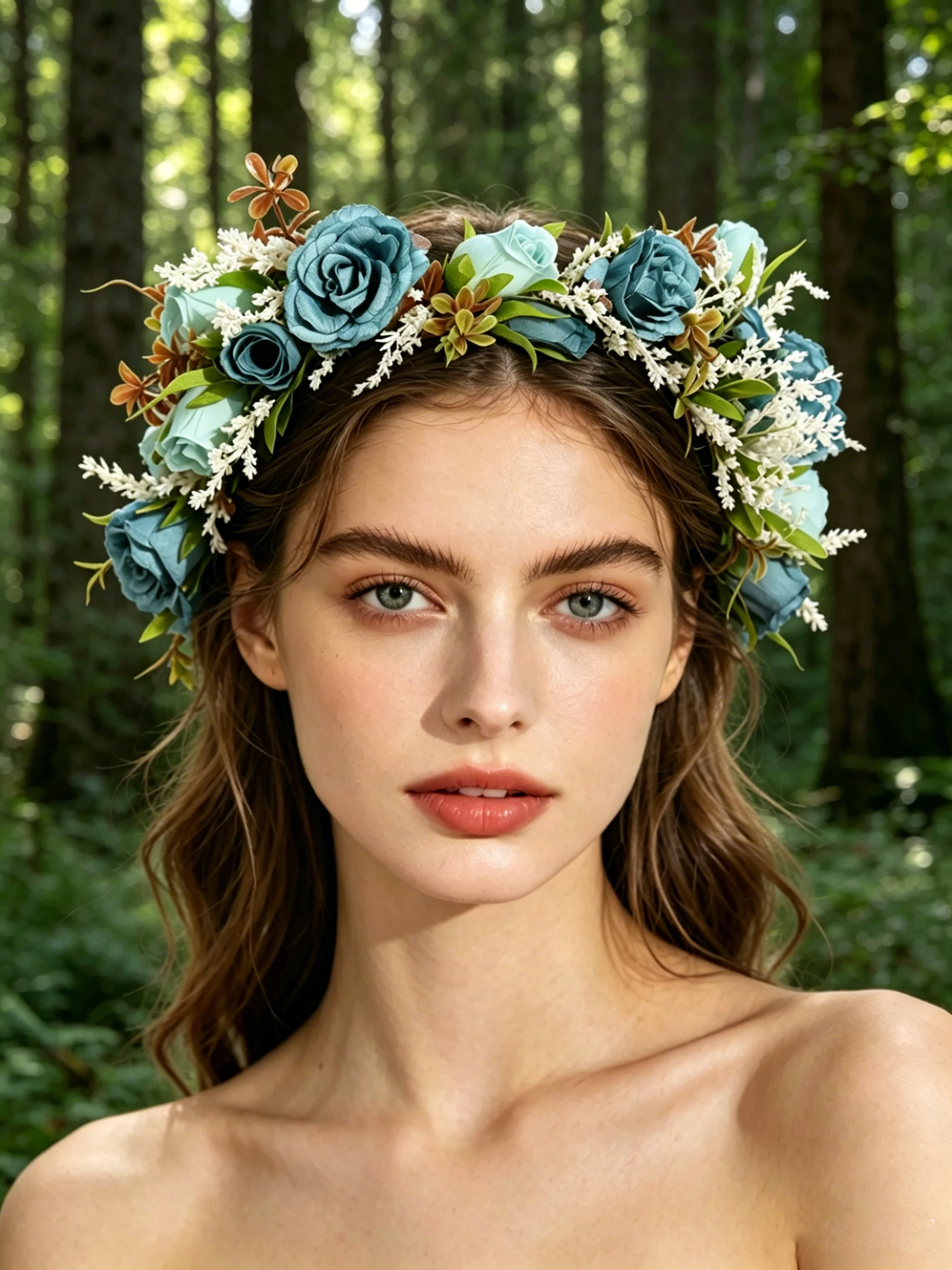 Vintage Haze Blue Rose Artificial Flower Wreath with White Ribbon Adjustable Forest Style Headband Bridal Beach Photography Wedding Flower Headpiece