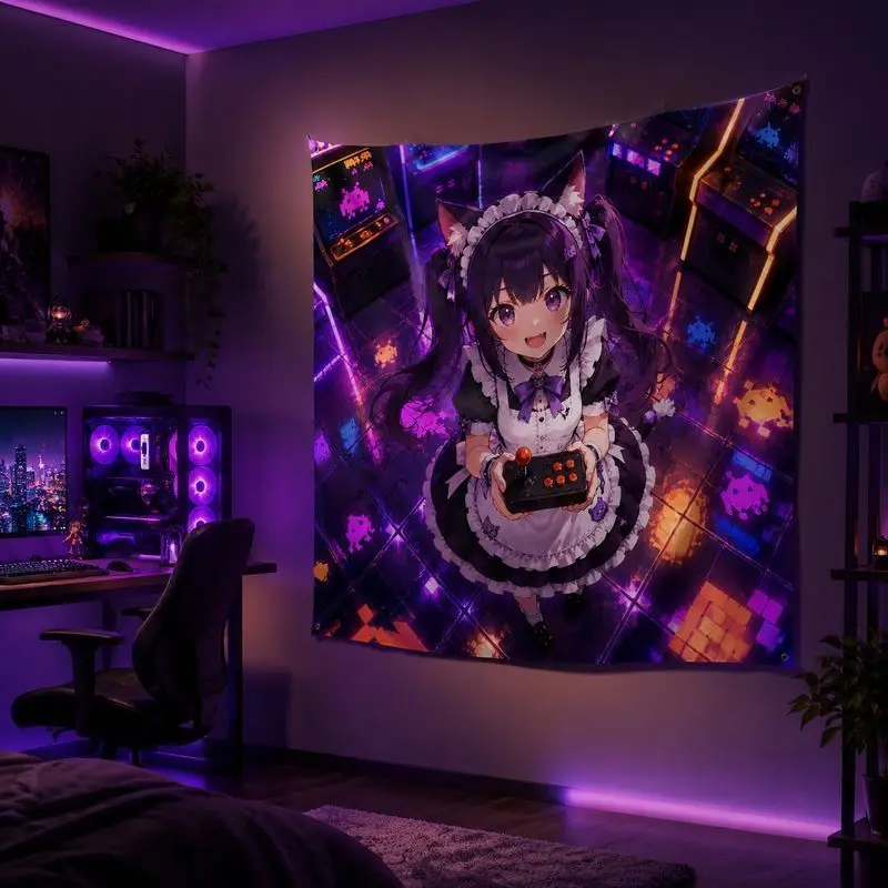 VIKAMA Cat Maid Anime Moon Tapestry, Galaxy Blacklight Wall Hanging, Kawaii Blanket for Bedroom Gaming Dorm Room Decor
