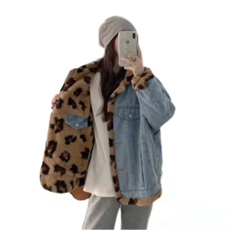 New Style Fried Street Wearing Denim Jacket Women's 2022 Winter Thick Cotton Coat Leopard Print Retro Chic Cotton Clothes Tide X