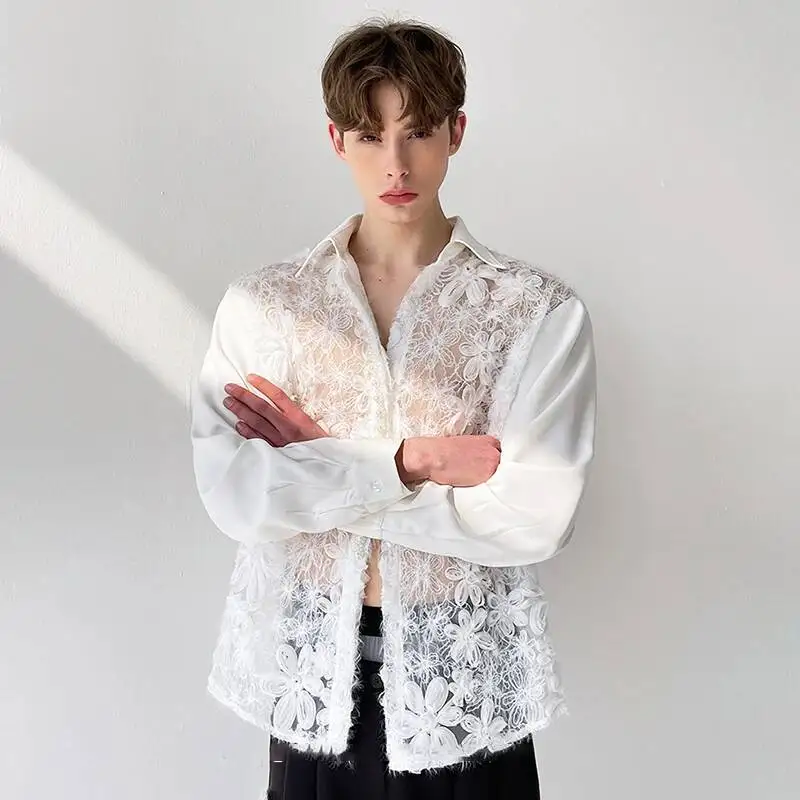 LUZHEN Splicing Hollow Design Embroidery Sleeve Long Out Original Shirts Men's 2025 New Elegant Handsome Luxury Male Tops JY8124