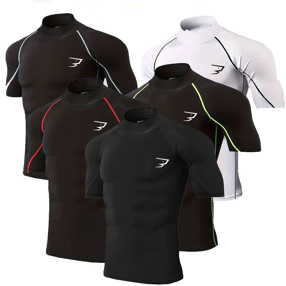 High Neck Compression T Shirt Men Short Sleeve Sport Tees Fitness Running Sportsear Gym Elastic Quick Dry Jogging Tops