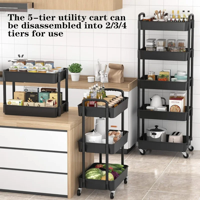 5-Tier Plastic Rolling Utility Cart with Handle, Multi-Functional Storage Trolley for Office, Living Room, Kitchen