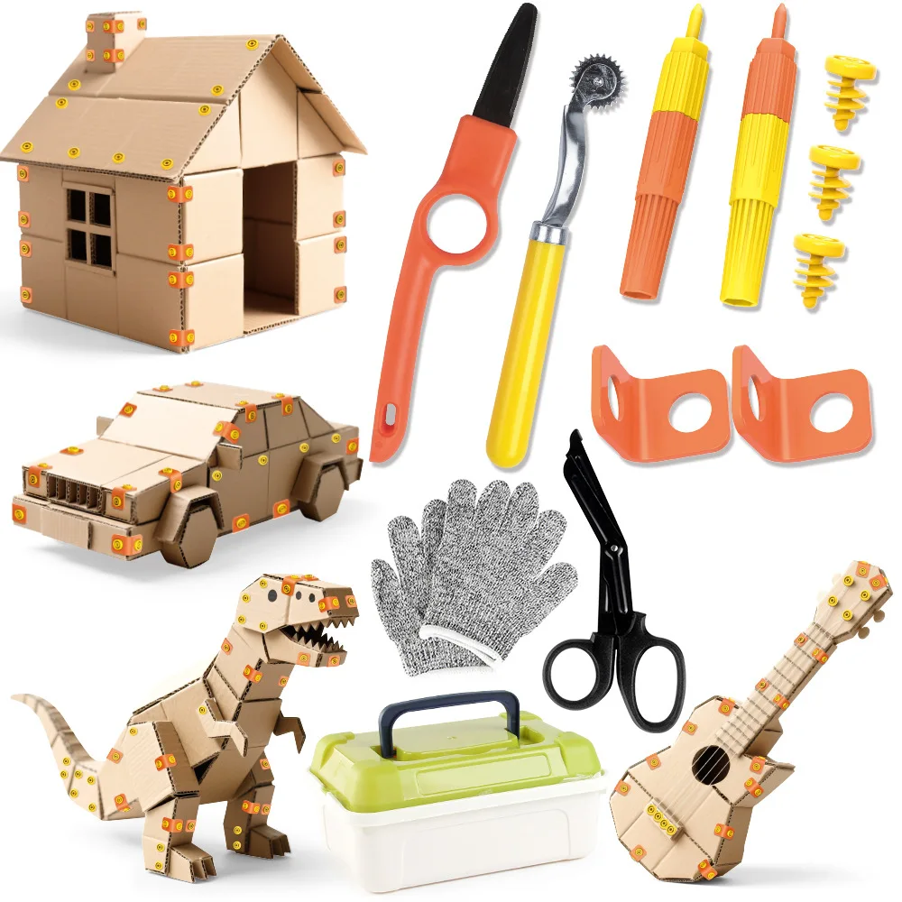 Cardboard Tools With Cutter& Tool Box(148 PCS) For Kids Handmade DIY Family& Team Construction Kits Activity
