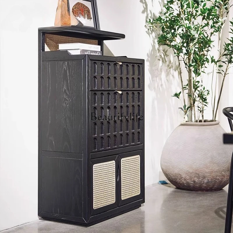 

French retro solid wood antique rattan living room wall locker bedroom storage cabinet