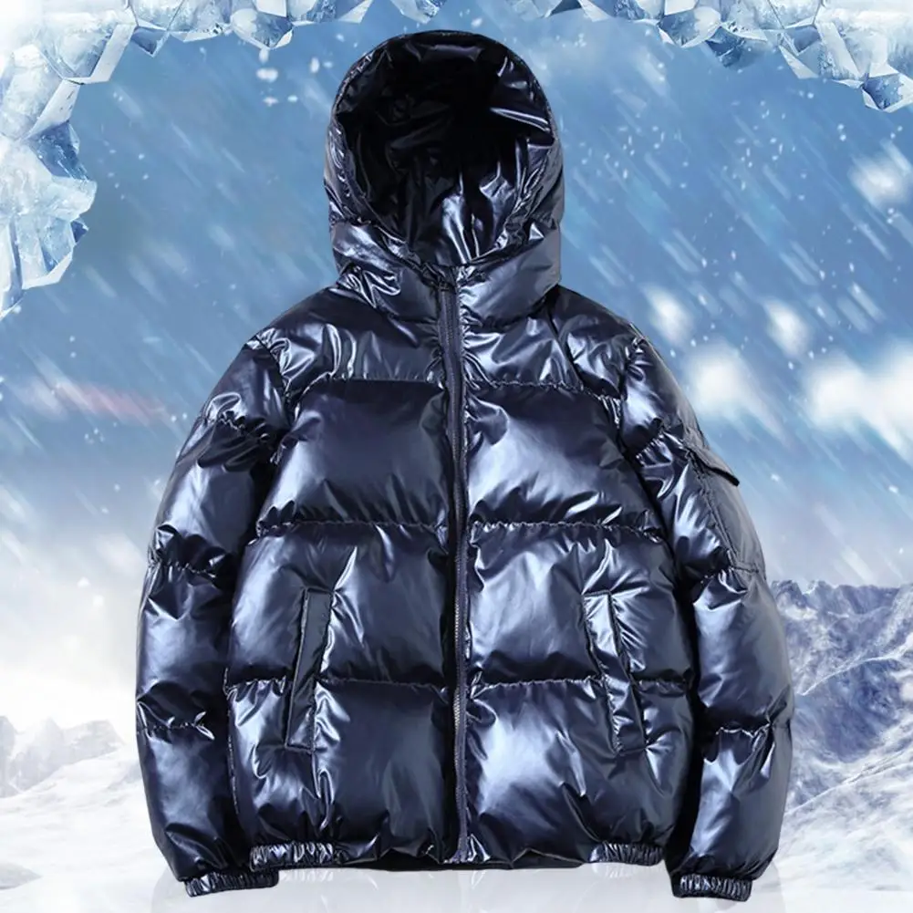 Homens parkas inverno casual jaqueta casaco brilhante superfície sólida com capuz de algodão acolchoado à prova de vento hoodies