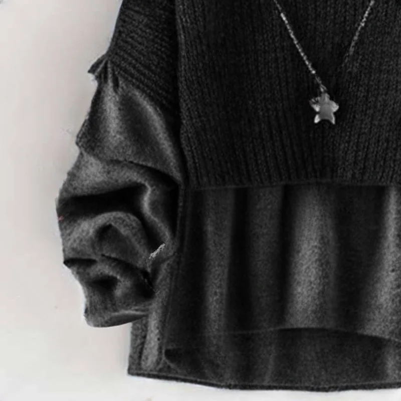 2025 가을/겨울 새로운 라운드 넥 모직 가짜 투피스 탑 스플라이싱 트렌디 긴 소매 루즈