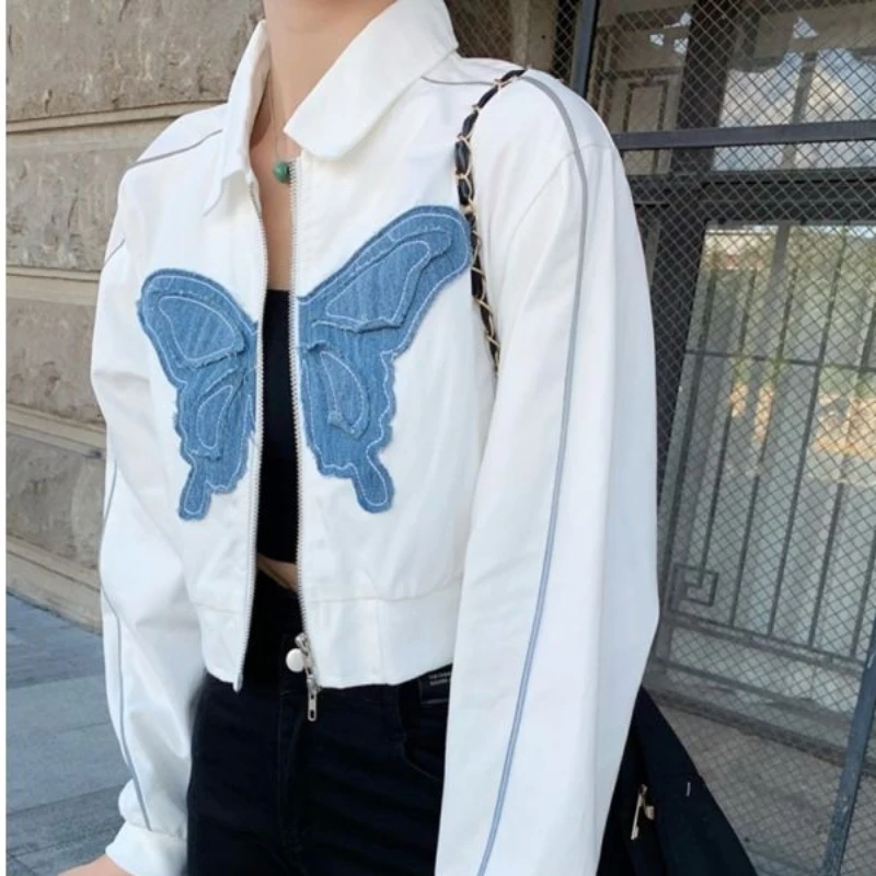 Streetwear Harajuku Crop Coat Butterfly Embroidery Female Slim Jackets Women 2022 Turn Down Collar Spring Autumn All Match Tops