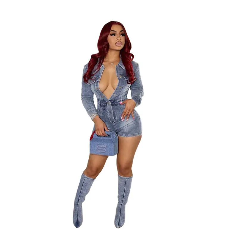 Spring Autumn Women Denim Playsuits High Stretch Long Sleeve Single Breasted Shorts Rompers Lady Sexy Slim Fit  Jeans Jumpsuits