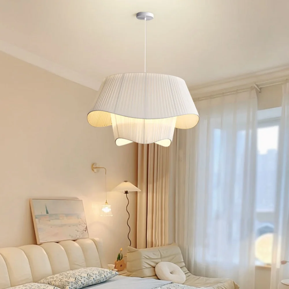 Bohemian Beige Pendant Light Striped Skirted Linen Hanging Lamp Height Adjustable Bedroom Dining Room Ceiling Chandeliers