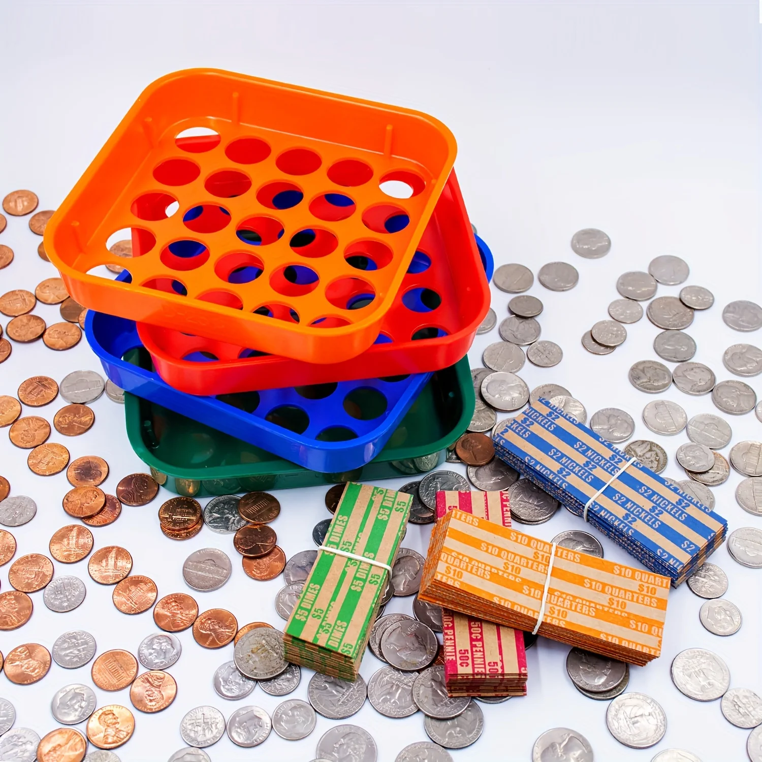 ABA Coin Sorters Tray & Coin Counters -4 Color-Coded Coin Sorting Tray 100 Assorted Flat Coin Roll Wrappers For US Coins