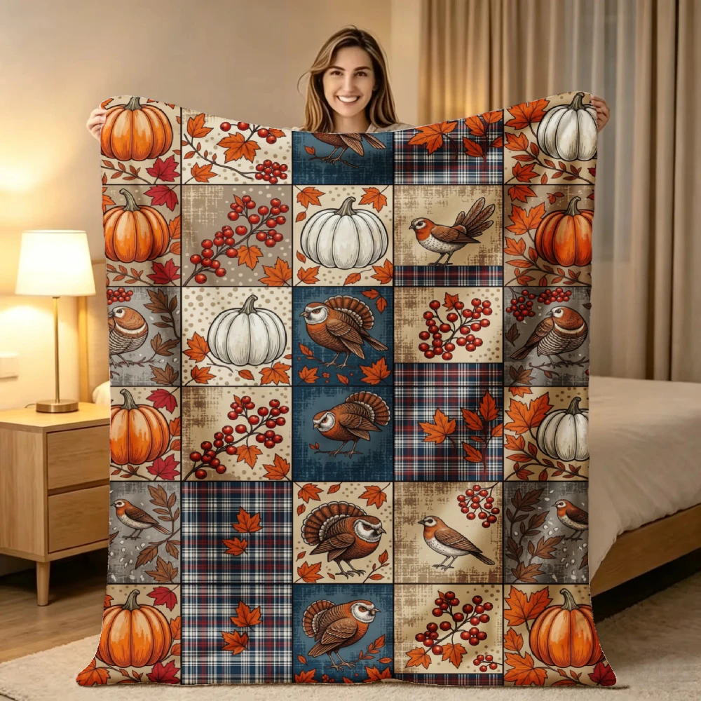 1pc Autumn Pumpkin Bird Plaid Patchwork Print Flannel Blanket Soft Comfortable Warm Bed Cover for Fall Winter Living Room Bedroom Sofa Halloween Thanksgiving Christmas Festival Gift