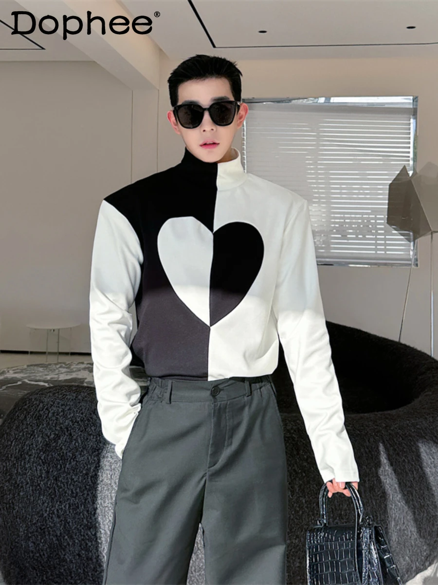 Color Contrast Black White Stitching Long-Sleeved T-shirt Men's Casual Top Autumn Winter Half-High Collar Bottoming Shirt