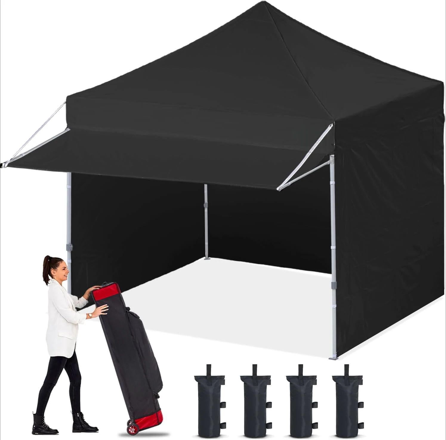 10x10 Pop up Commercial Canopy Tent, Portable Freestanding Shelter with Awning for Booth, Vendor, Outdoor, Black